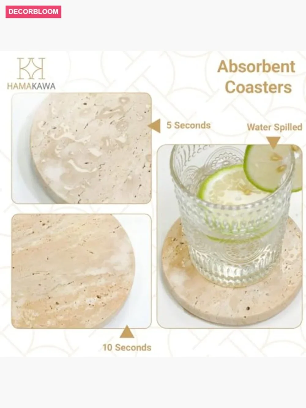 Set of 4 Natural Travertine Coasters, Stone Drink Coasters